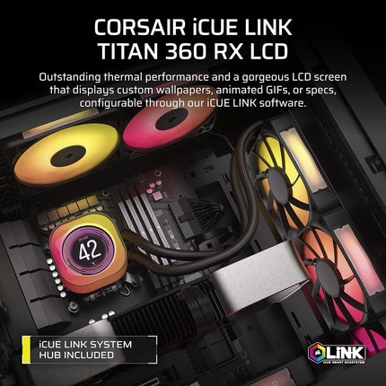 Corsair iCUE LINK TITAN 360 RX LCD Liquid CPU Cooler � 360mm AIO � Low-Noise � FlowDrive Cooling Engine � Intel LGA 1851/1700, AMD AM5/AM4 � 3x RX120 RGB Fans � iCUE LINK System Hub Included � Black