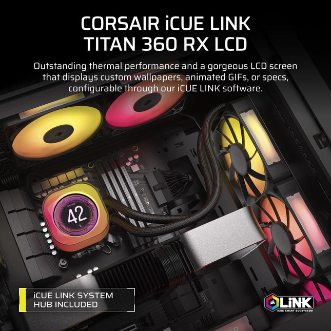 Disipador de CPU líquido Corsair iCUE LINK TITAN 360 RX LCD – AIO de 360 mm – Bajo nivel de ruido – Motor de refrigeración FlowDrive – Intel LGA 1851/1700, AMD AM5/AM4 – 3 ventiladores RX120 RGB – Concentrador del sistema iCUE LINK incluido – Negro