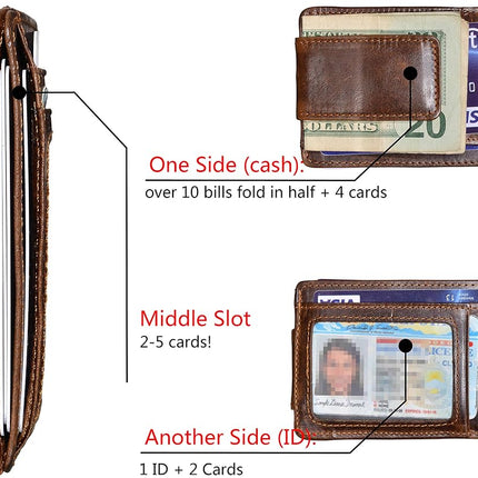 HOPSOOKEN Clip de Dinero RFID Billetera de Bolsillo Delantero de Cuero Delgada Minimalista para Hombre, Marrón con Ventana de Identificación (Cuero Crazy Horse), S