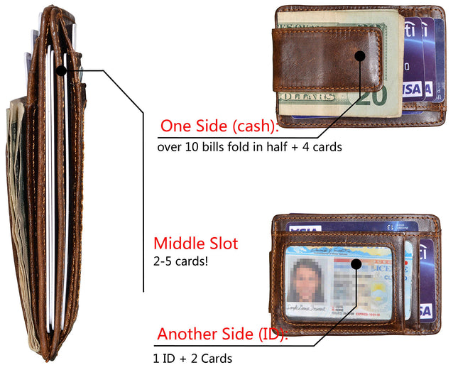 HOPSOOKEN Money Clip RFID Front Pocket Wallet Men Leather Slim Minimalist Wallet, Brown with ID Window (Crazy Hourse Leather), S