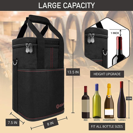 opux Wine Bag, 4 Bottle Wine Cooler Bag, Insulated Wine Tote Carrier for Travel Picnic BYOB, Leakproof Padded Portable Wine Bottle Bag for Wine Lovers Gift Women Men Christmas (Black)