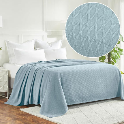 Superior 100% Cotton Thermal Blanket, Soft and Breathable Cotton for All Seasons, Bed Blanket and Oversized Throw Blanket with Luxurious Diamond Weave - Full/Queen Size, Aqua