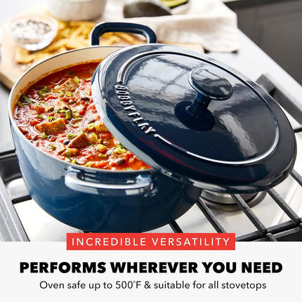 GreenPan by Bobby Flay 5.5QT Enameled Cast Iron Round Dutch Oven with Lid, Dual Handles, Oven Safe to 500F & Induction Suitable, Self Basting Lid, Ultra-Durable, Sear, Braising, Bread, Stews, Cobalt