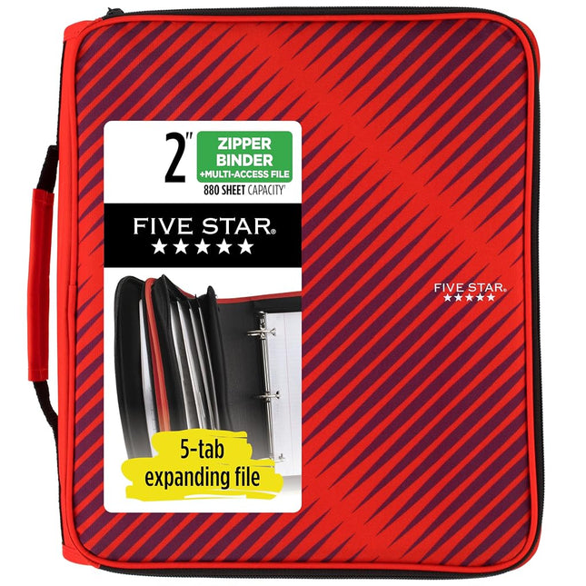 Five Star Zipper Binder, 2 Inch 3-Ring Binder for School, 6 Pocket Expanding File, 880 Sheet Capacity, Red (72538)