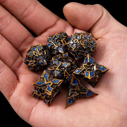 Metal Dice for DND - Spire Sanctum Series (Antique Gold Blue Glitter)