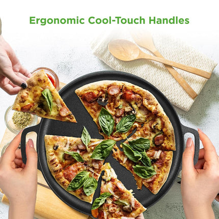 Nutrichef 13-Inch Flat Cast Iron Pizza Pan - Versatile Pre-Seasoned Round Cooking Griddle w/Built-in Handles for Oven, Grill, Stove, and Campfires - Includes 2 Heat Safe Silicone Grips