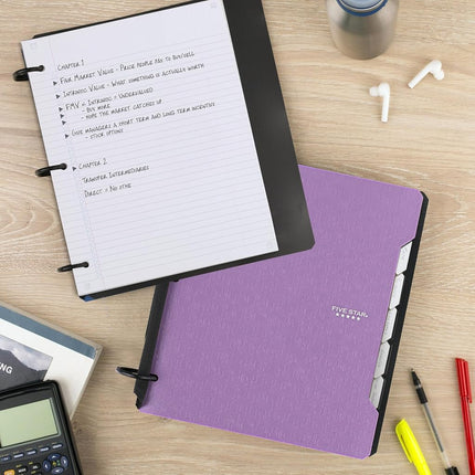 Cuaderno recargable Five Star Flex + aplicación de estudio, papel a rayas universitarias, anillas TechLock de 3,8 cm, bolsillos, separadores y pestañas, capacidad de 300 hojas, morado (29324AB6)