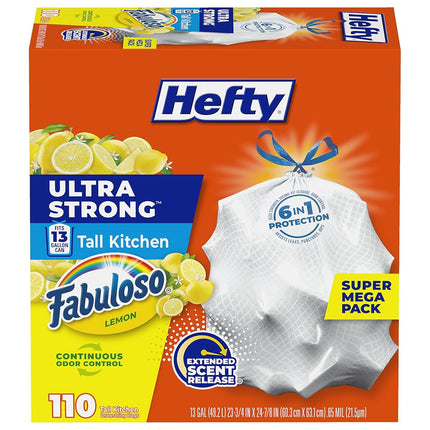 Hefty Ultra Strong Tall Kitchen Trash Bags, Fabuloso Lemon Scent, 13 Gallon, 110 Count