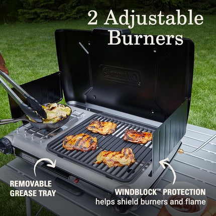 Gril et réchaud de table 2-en-1 Coleman avec 2 brûleurs réglables, gril/réchaud au propane avec allumage par bouton-poussoir, pare-vent, bac de récupération des graisses et puissance de 20 000 BTU pour le camping, le talonnage et plus encore