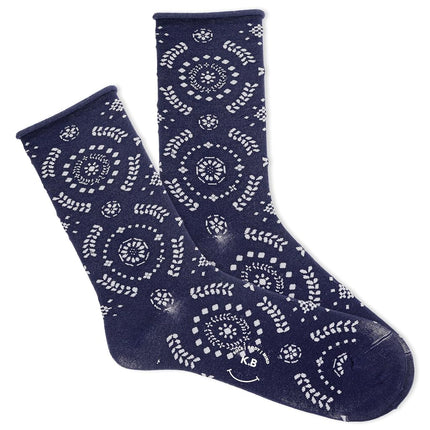 K. Bell women's Fun Roll Top Crew Socks - 1 Pairs - Comfortable & Cute Fashion Gifts, Radial Floral (Navy), 3.5-9 UK