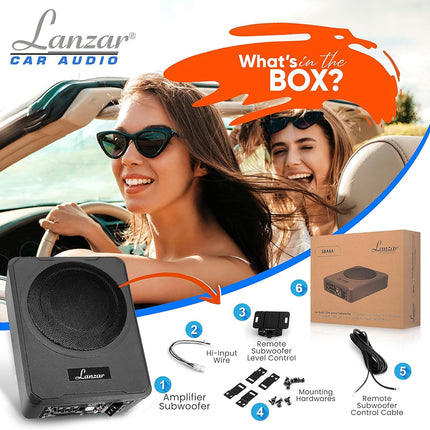 8-Inch Low-Profile Amplified Subwoofer System - 600 Watt Compact Enclosed Active Underseat Car Audio Subwoofer with Built in Amp, Powered Car Subwoofer w/ Low & High Level Inputs - Pyle SBA8A.5
