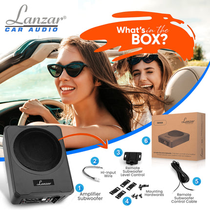 8-Inch Low-Profile Amplified Subwoofer System - 600 Watt Compact Enclosed Active Underseat Car Audio Subwoofer with Built in Amp, Powered Car Subwoofer w/ Low & High Level Inputs - Pyle SBA8A.5