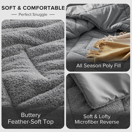Comfort Spaces Parure de lit douillette réversible en peluche douce comme une plume pour lit double, toutes saisons, légère, en polaire Sherpa, taille double/double XL, gris 2 pièces