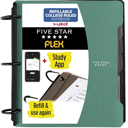 Cahier rechargeable Five Star Flex + application d'étude, papier ligné, anneaux TechLock de 3,8 cm, pochettes, onglets et intercalaires, capacité de 300 feuilles, vert algue (29324AQ8)