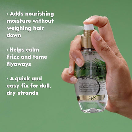 OGX Nourishing + Coconut Oil Weightless Hydrating Oil Hair Mist, Lightweight Leave-In Hair Treatment with Coconut Oil & Bamboo Extract, Paraben & Sulfate Surfactant-Free, 4 Fl Oz