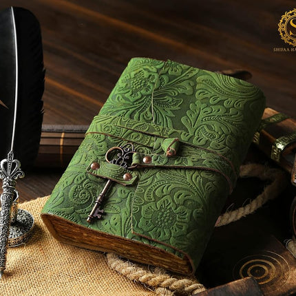 Leather Journal - Antique Handmade Deckle Edge Vintage Paper Leather Bound Journal - Book of Shadows Journal - Leather Sketchbook - Drawing Journal - Great Gift (Green)