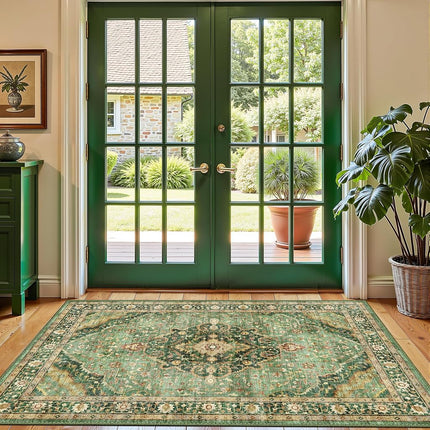 Green Area Rug 3x5 Washable Rug Non-Slip Area Rugs for Bedroom Living Room Kitchen, Printed Low-Pile Ultra-Soft Cute Dorm Rug Room Decor for Teen Girls(Border Green)