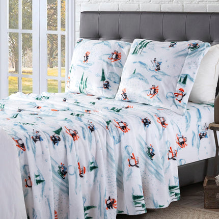 Elegant Comfort Luxuriously Soft 4-Piece Holiday Velvet Plush Flannel Sheet Set - Premium Quality - Cozy Warm, Christmas Fuzzy Velvet Flannel Fleece Deep Pocket Sheet Set - Twin XL, Skiing Penguins
