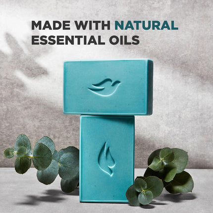 Dove Men + Care Jabón en barra de aceite esencial natural para limpiar e hidratar la piel del hombre, Eucalipto relajante + Aceite de cedro, Jabón en barra 4 en 1 para cuerpo, cabello, rostro y afeitado de hombre, 141 g, 4 unidades