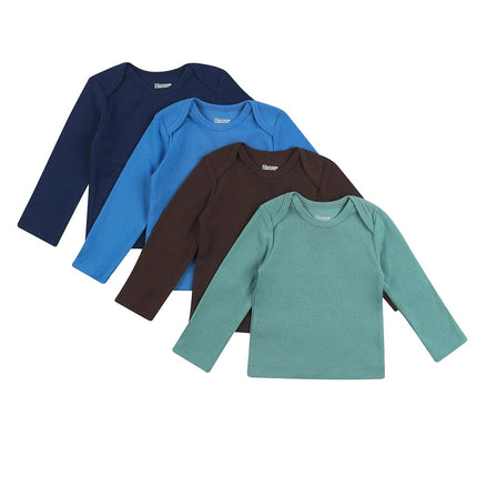 Hanes Baby and Toddler Long Sleeve Flexy Soft Knit Expandable Shoulder Pullover Undershirt (4 Pack), Blue Green Dk BRWN Set, 0-6 Months