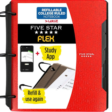 Cahier rechargeable Five Star Flex + application d'étude, papier ligné, classeur à anneaux TechLock de 3,8 cm avec poches, onglets et intercalaires, capacité de 300 feuilles, rouge feu (29324AB2)