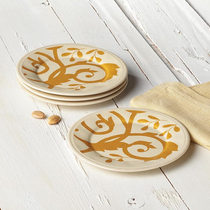Rachael Ray Dinnerware Gold Scroll - Juego de 4 platos redondos para aperitivos, color crema almendra