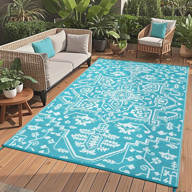 8x10 Large Outdoor Rug for Patio Rugs Waterproof, Reversible Plastic Straw Rug Medallion Pattern, Vintage Camping Rug, Foldable Lightweight Carpet for RV, Porch, Deck, Backyard, Balcony (Blue)