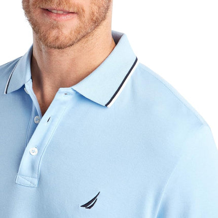 Nautica Men's Classic Fit Short Sleeve Dual Tipped Collar Polo Shirt, Noon Blue, Large
