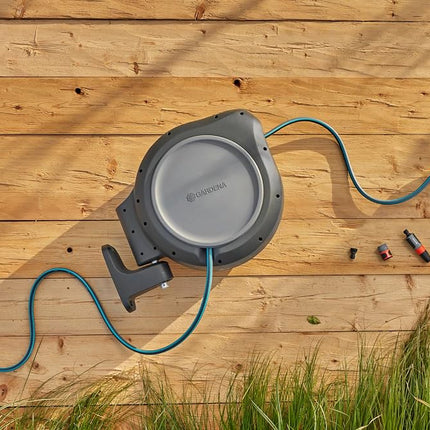 GARDENA 08040-50' ft. Wall Mount Retractable Garden Hose Reel, Lock at Any Length, 180 Degree Swivel, Precision German Engineering. 5 Year Warranty. Perfect Outdoor Hose Storage Solution