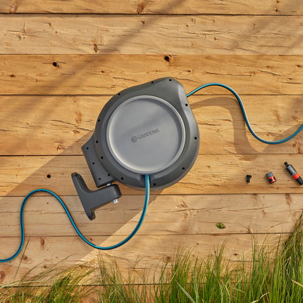 GARDENA 08040-50' ft. Wall Mount Retractable Garden Hose Reel, Lock at Any Length, 180 Degree Swivel, Precision German Engineering. 5 Year Warranty. Perfect Outdoor Hose Storage Solution