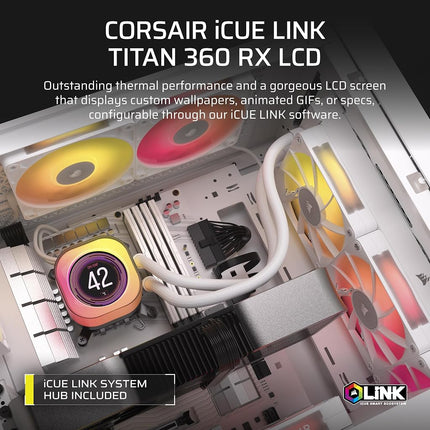 Corsair iCUE LINK TITAN 360 RX LCD Liquid CPU Cooler – 360mm AIO – Low-Noise – FlowDrive Cooling Engine – Intel LGA 1851/1700, AMD AM5/AM4 – 3x RX120 RGB Fans – iCUE LINK System Hub Included – White
