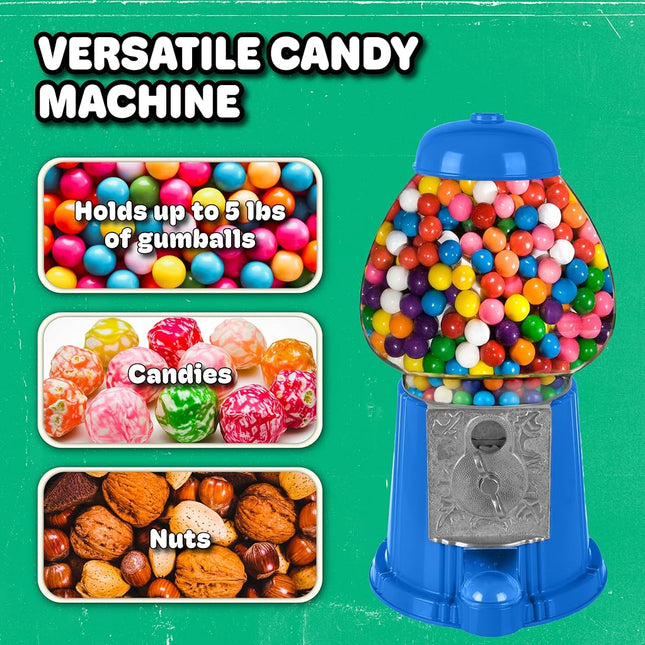 Vintage Gumball Machine - 11-Inch Retro-Style, Coin-Operated Cast Metal Vending Machine with Glass Globe and Free Spin by Great Northern Popcorn (Blue)