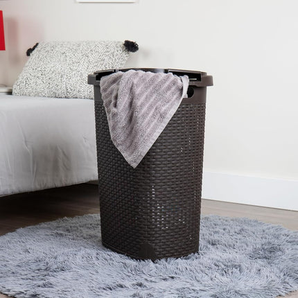 Mind Reader Basket Collection, Slim Laundry Hamper, 60 Liter (15kg/33lbs) Capacity, Cut Out Handles, Attached Hinged Lid, Ventilated, 17.65"L x 13.75"W x 24.15"H, Brown