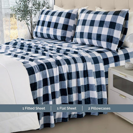 Elegant Comfort Luxuriously Soft 4-Piece Velvet Plush Flannel Sheet Set - Premium Quality - Cozy Warm, Anti-Static, Non Pilling Fuzzy Velvet Flannel Fleece Deep Pocket Sheet Set-Twin XL, Buffalo Navy