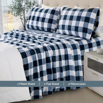 Elegant Comfort Luxuriously Soft 4-Piece Velvet Plush Flannel Sheet Set - Premium Quality - Cozy Warm, Anti-Static, Non Pilling Fuzzy Velvet Flannel Fleece Deep Pocket Sheet Set-Twin XL, Buffalo Navy