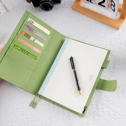 Ox Knight A5 Leather Planner Cover for Hobonichi Cousin, Stalogy, Midori, Leuchtturm1917, and More - with Pen Loop, Card Slots, Back Pocket, and Bookmarks (Green)