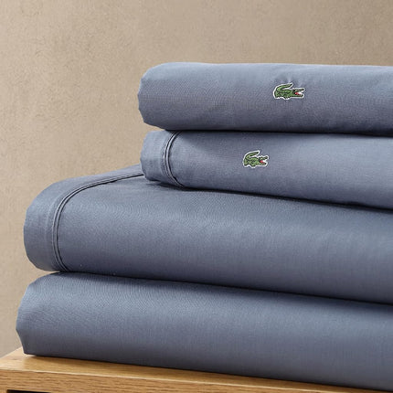 Lacoste 100% Cotton Percale Sheet Set, Solid, Vintage Indigo, Queen