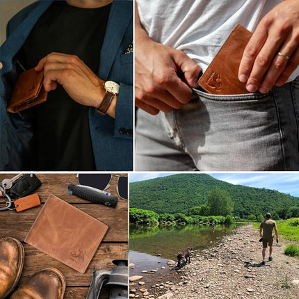 Portefeuille en cuir bifolié RFID pour homme avec porte-cartes d'identité relevable en cuir de buffle vintage marron, marron aventure - marron daim sauvage, 3,5 x 4,5, moderne