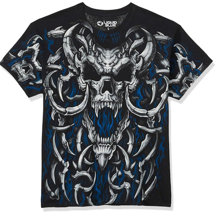 Liquid Blue Men's Blue Flame Skull T-Shirt, Black,