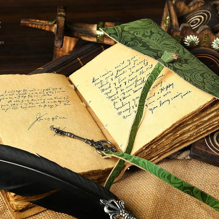 Leather Journal - Antique Handmade Deckle Edge Vintage Paper Leather Bound Journal - Book of Shadows Journal - Leather Sketchbook - Drawing Journal - Great Gift (Green)