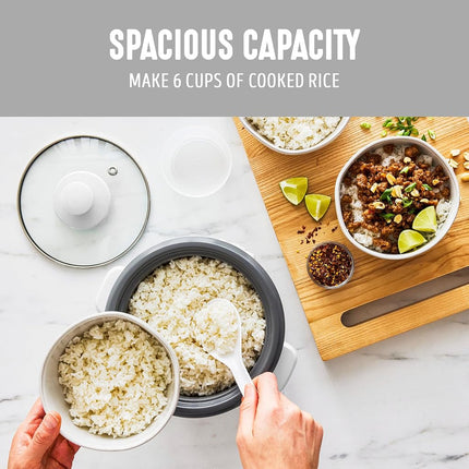 GreenLife Electric Rice Cooker, 3-Cups Uncooked/6-Cups Cooked, Removable PFAS-Free Nonstick Pot, One-Switch Design, Auto Keep Warm, Small Space Saving, Rice Paddle, Soup, Grains, Oatmeal, 1.5 QT