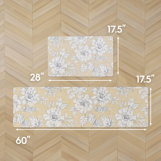 Laura Ashley - Anti-Fatigue Kitchen Mat, Iris Floral Design, Stain, Water & Fade Resistant, Cooking & Standing Relief, Non-Slip Backing, 2 Piece Set: 17.5" x 60" / 17.5" x 28" Yellow Iris