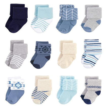 Hudson Baby Baby Girls' Cotton Rich Newborn and Terry Socks, Blue Gray Aztec, 0-6 Months