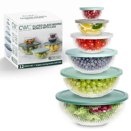 Cook with Color 12 Pc Glass Mixing Bowl Set with Lids – Borosilicate Glass Nesting Bowls for Cooking, Baking and Meal Prep, Fluted Sage