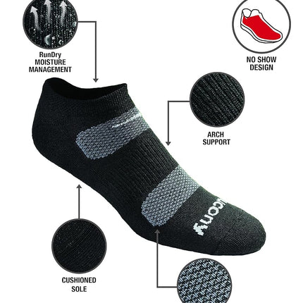 Saucony Men's Rundry Mesh Ventilating Comfort Fit Performance No-Show Socks, Available in M-XXL (6, 18, Black Fashion (12 Pairs), Large (Pack of 12)