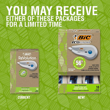 BIC Wite-Out Brand Revolution Mini Correction Tape, Contains 56% Recycled Plastic, White Tape, 10 Pack