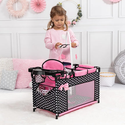 Doll bed with integrated high chair, changing table, mobile, black, pink