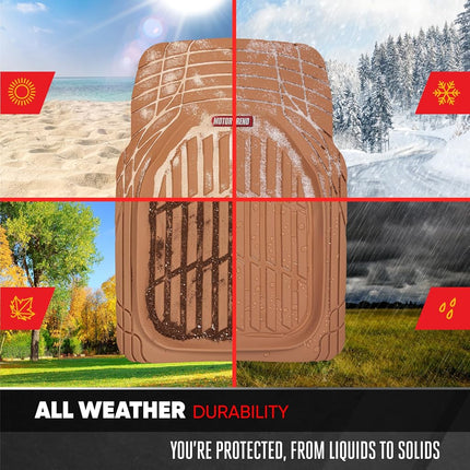 Motor Trend FlexTough Contour Liners Deep Dish 3 pc Rubber Floor Mats & Trimmable Trunk Liner Cargo Mat - Heavy Duty All Weather Protection Car Mats with Traction Grips Car Accessories (Beige)