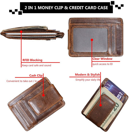 HOPSOOKEN Clip de Dinero RFID Billetera de Bolsillo Delantero de Cuero Delgada Minimalista para Hombre, Marrón con Ventana de Identificación (Cuero Crazy Horse), S