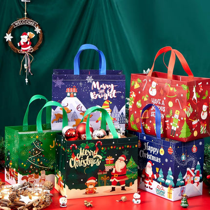 JOYIN 12 PCS Christmas Large Reusable Gift Bags 12.8"x9.8"x6.7, Xmas Large Non-Woven Grocery Bag with Handles for Wrapping Party Supplies, Holiday Party Favor